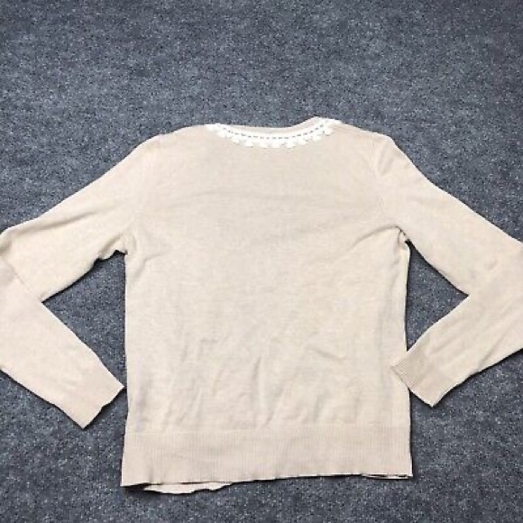 Banana Republic Tan Beige Cotton Knit Open Front Cardigan Lace Crochet Trim XS - Picture 6 of 14